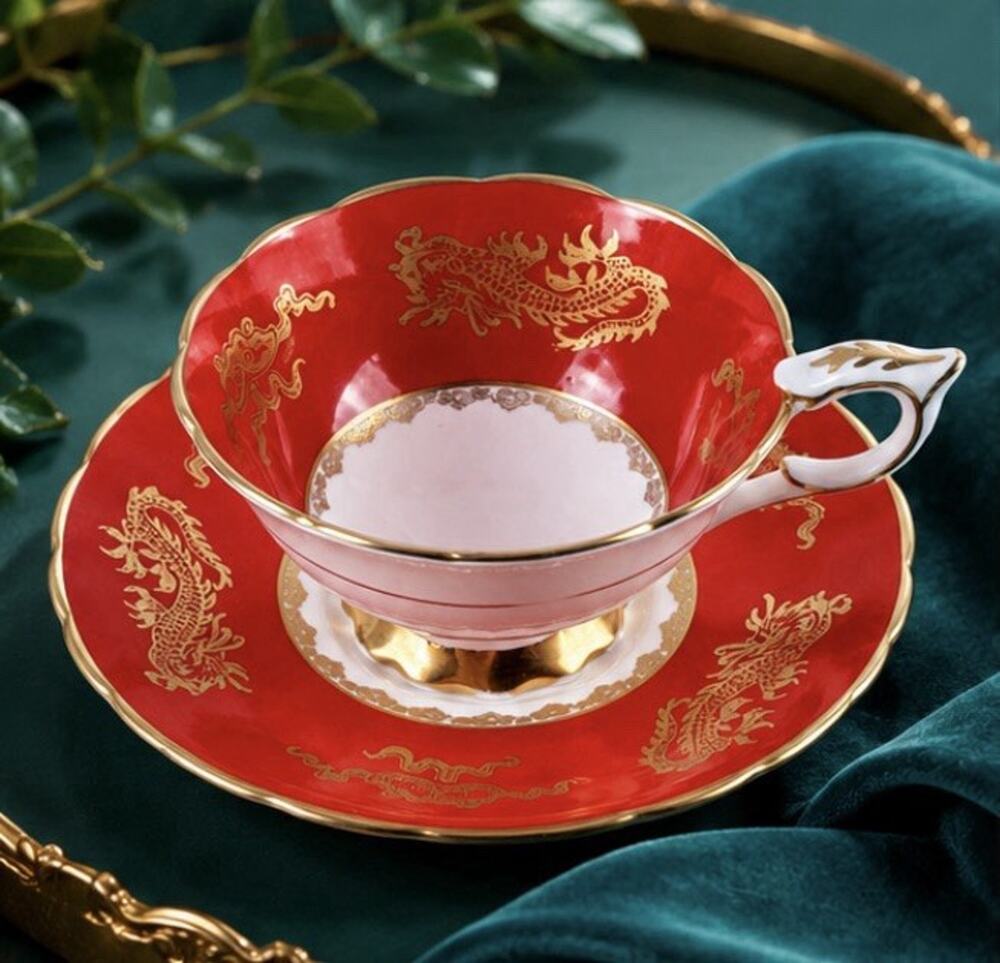 Vintage Royal Stafford Tea Cup And Saucer Red With Golden Dragons